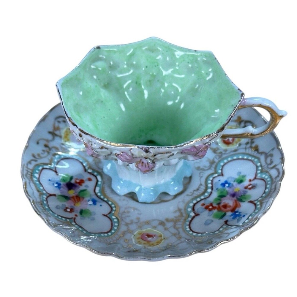 Antique Demitasse Cup & Saucer Handpainted Gilded Floral Collectible Elegant